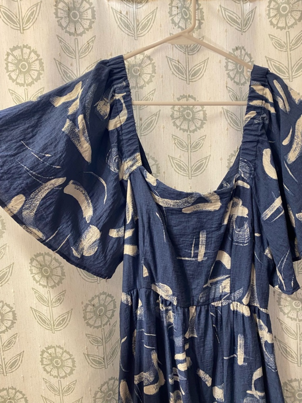 a new day flutter sleeve, tie back blue & cream dress